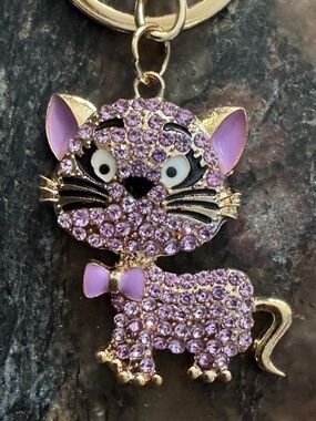 Kitty Cat Bag Charm NIP Keychain Enamel Rhinestones NEW Lavender Lilac Gold
